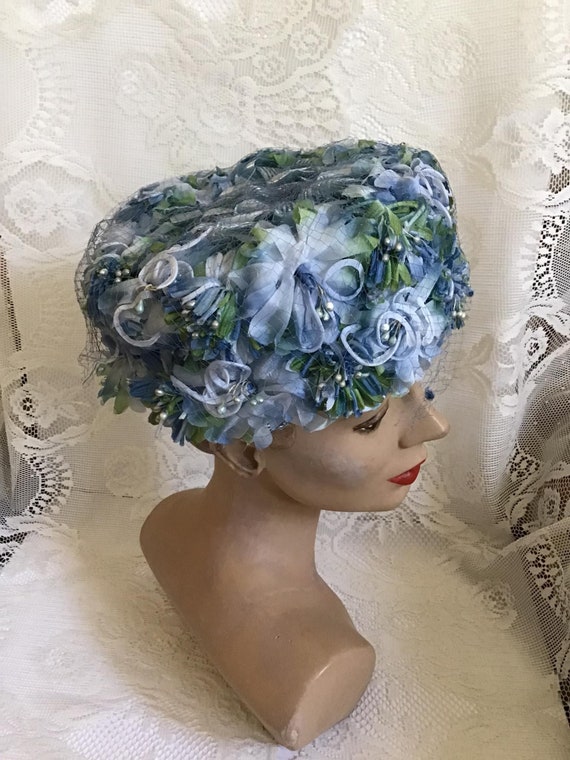 Vintage 1950's 1960's Hat Light Blue Floral Cellop