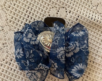 Vintage 1980's Hair Bow Clip Blue Sheer Fabric Metal Concho Deadstock On Original Display Card *chic By h.i.s.*