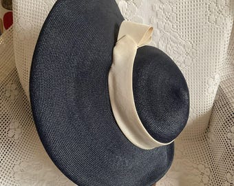 Vintage 1940s 1950s Hat, Blue Straw with Grosgrain Ribbon Trim, Union Made Cartw Vintage 1940 main image 4