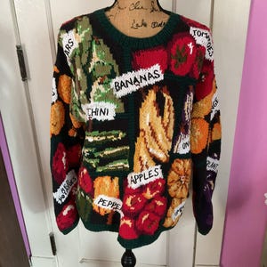 Vintage 1990's Pullover Sweater (Dated 1993) *the eagle's eye* Hand Knit Vegetables Fruit Theme Tagged Size M=Medium
