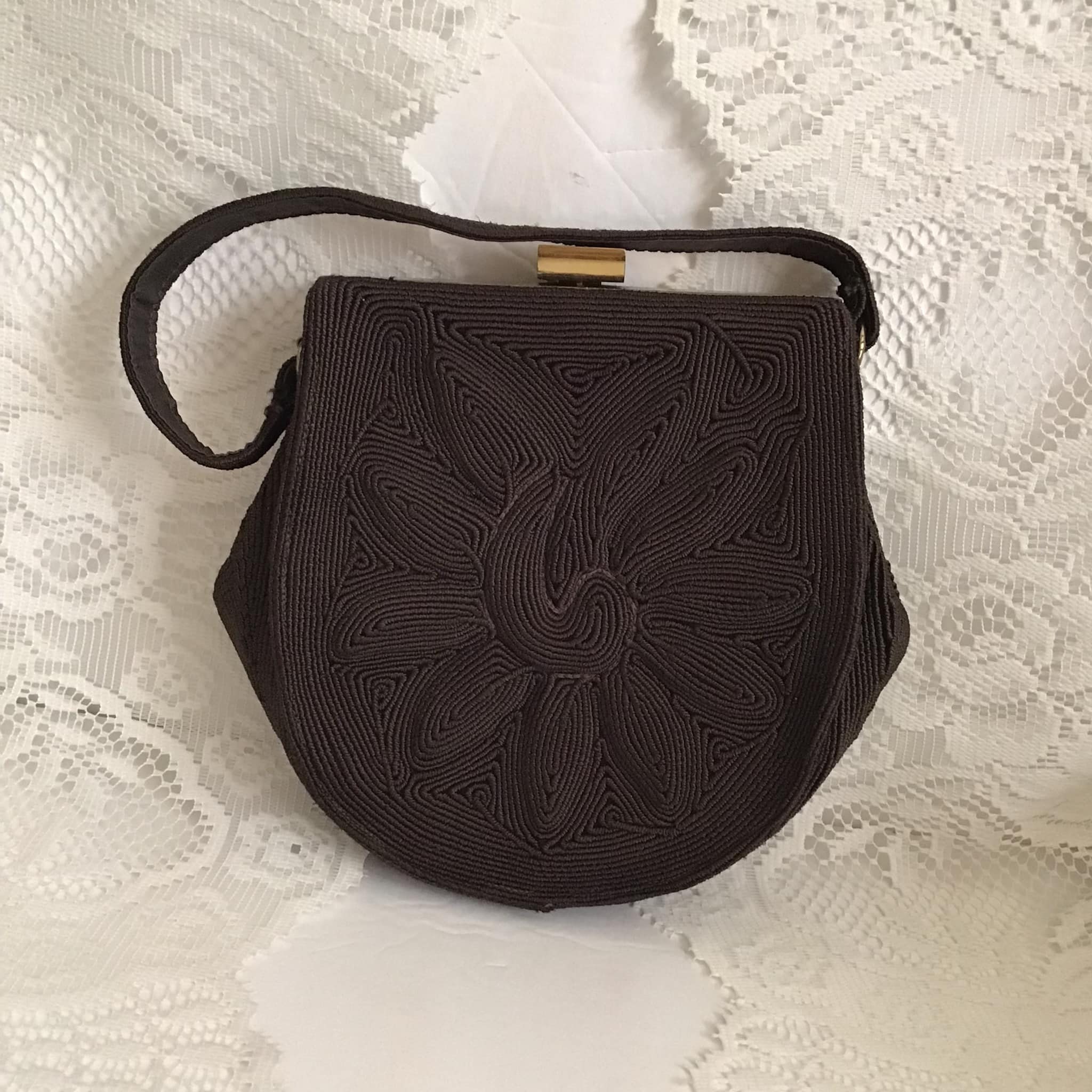 Vintage 1940's Handbag Purse *genuine Corde'* Dark Brown Gold
