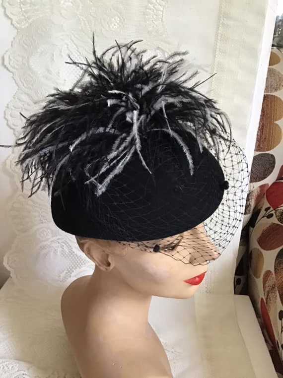 Vintage 1970's Hat Dark Black Wool Felt With Black