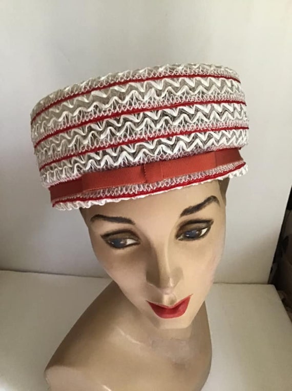 Vintage 1960's Hat Pillbox Red White Cellophane St