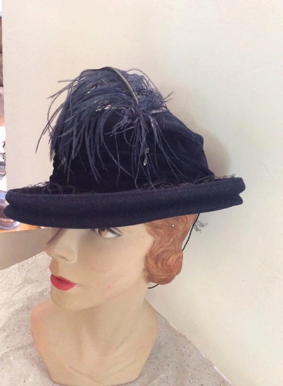 Vintage 1930s 1940s Hat Blue Hat Ostrich Plume Rh… - image 4