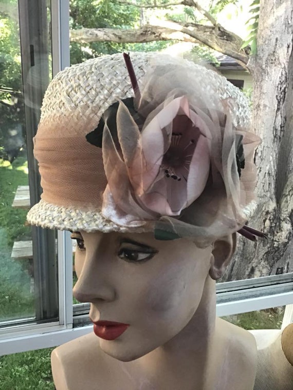 Vintage 1950s 1960s Hat Cellophane Straw With Tul… - image 1