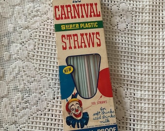 Vintage 1960's Straws Dated 1968 Drinking Straws In Original Box *Carnival* Brand Clown Picture