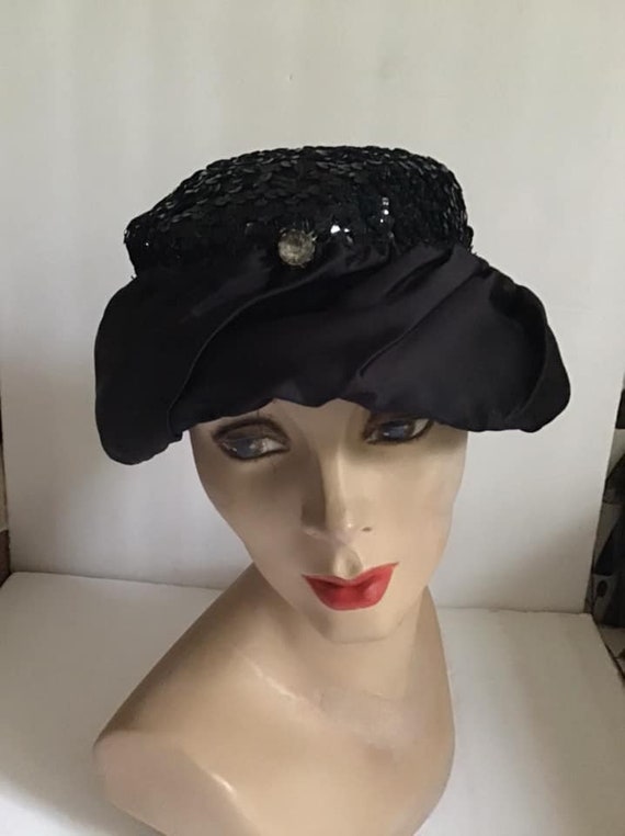 Vintage 1950's Hat Dark Black Satin And Sparkly Se