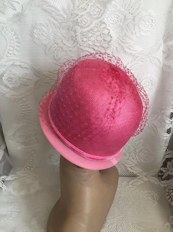 Vintage 1960's Hat Pink Straw With Pink Flowers N… - image 8