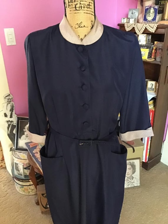 Vintage 1940's 1950's Dress Dark BLUE Rayon Blend… - image 2