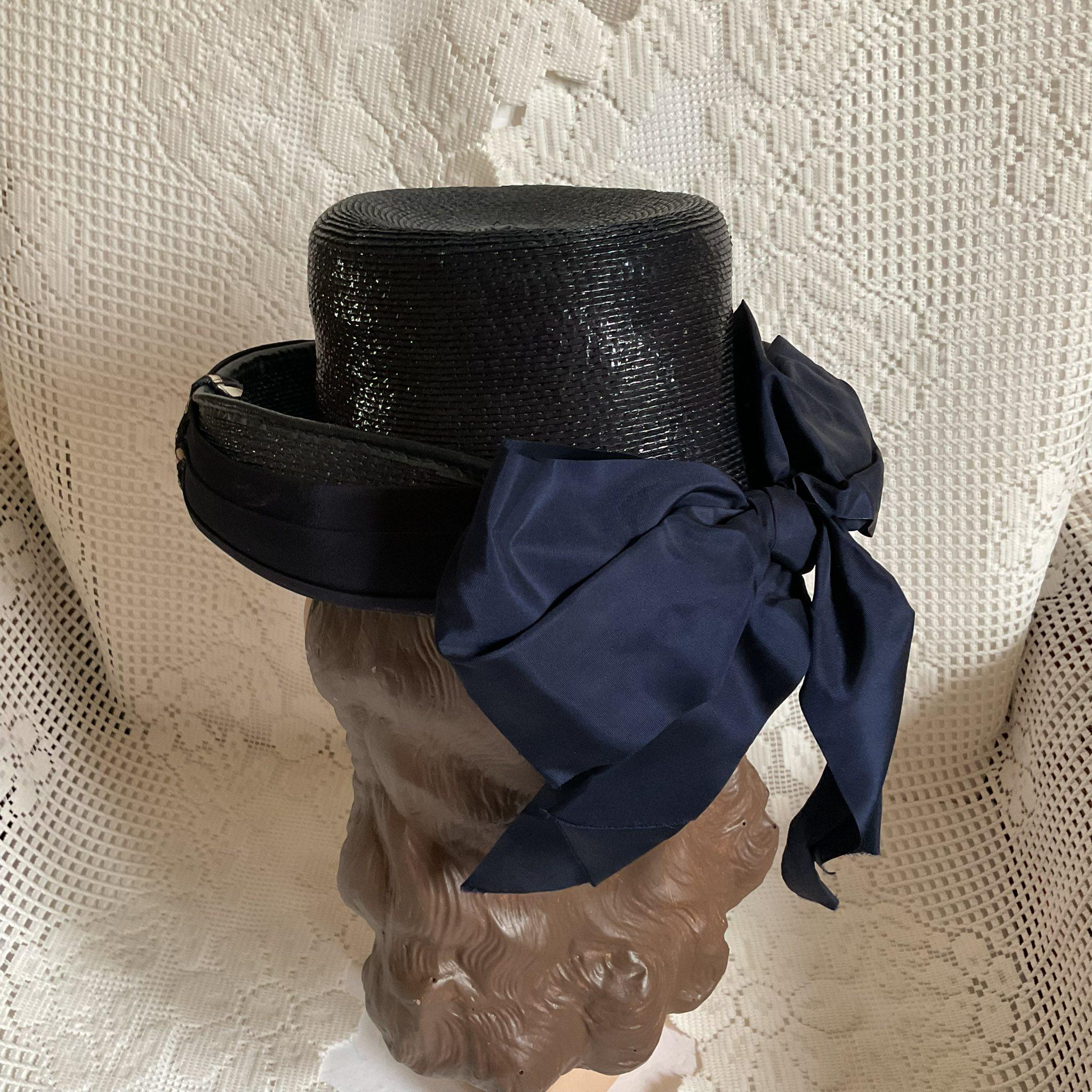 Vintage 1940s Saucer Hat Black Woven Straw Blue Silk Velvet Cloche Tilt Unique Vintage 1940s black straw hat with taffeta ribbon, wired  main image 3