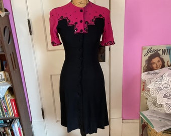 Vintage 1930's 1940's Dress Black Crepe Fabric Dark Fuchsia Adorned With Sequins EXTRA SMALL/PETITE Size Sold As Is!!!!!