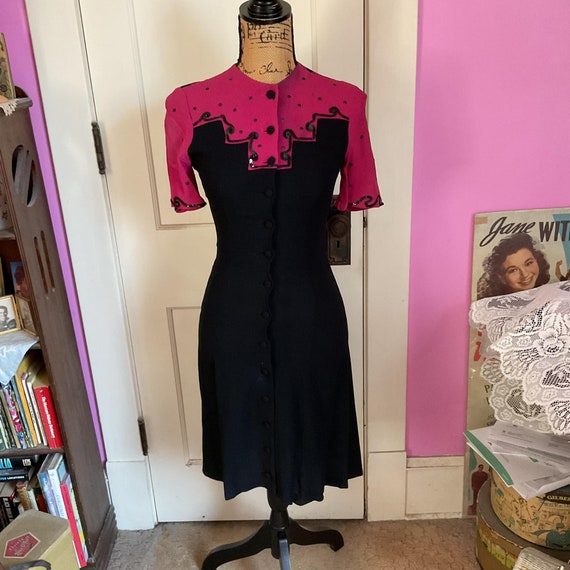 Vintage 1930's 1940's Dress Black Crepe Fabric Dark Fuchsia Adorned With Sequins EXTRA SMALL/PETITE Size Sold as Is!!!!! - Etsy Vintage 1930's 1940's Dress Black Crepe Fabric Dark Fuchsia Adorned With Sequins EXTRA SMALL/PETITE Size Sold as Is!!!!! - Etsy