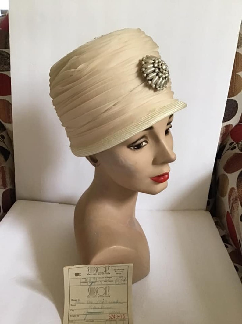 Vintage 1950/'s 1960/'s Hat Off WhiteLight Cream Color Comes With Original Store Receipt Beaded Brooch On The Front