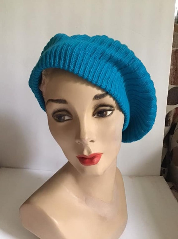 Vintage 1990's Hat Knit Beret Tam Style Dark Aqua… - image 6