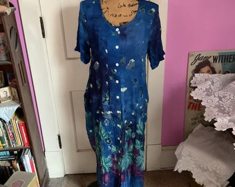 Vintage 1990's Dress Deadstock/Never Worn Retains Original Tag *La CERA* All Rayon Blue with Floral Print Tagged Size Large