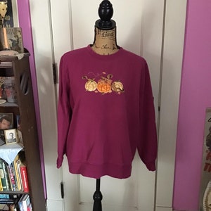 Vintage 1990's Y2K Sweatshirt Pullover Light Raspberry Color Adorned In Front With Squirrels And Pumpkins *Basic Editions*