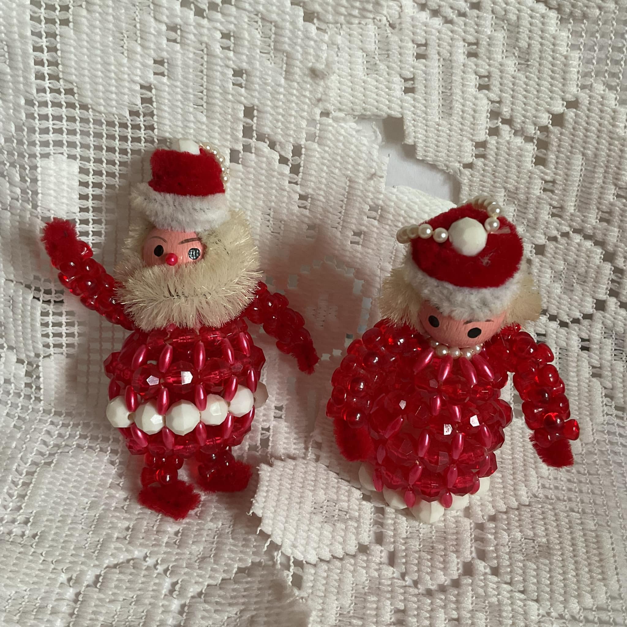 Vintage 1970's Ornaments Santa & Mrs. Claus Plastic Beads Handmade