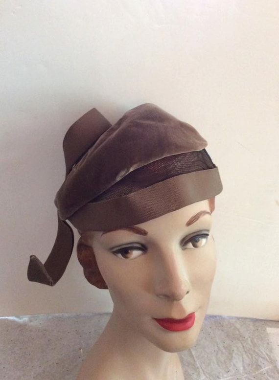 Vintage 1950s 1960s Hat Brown Velvet Sheer Mesh Mr