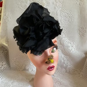 Vintage 1930&#39;s Hat Rare Unique Art Deco Dark Black Straw Adorned With A Large Flower Petite Tiny Style Hat *John Frederics Made To Order*