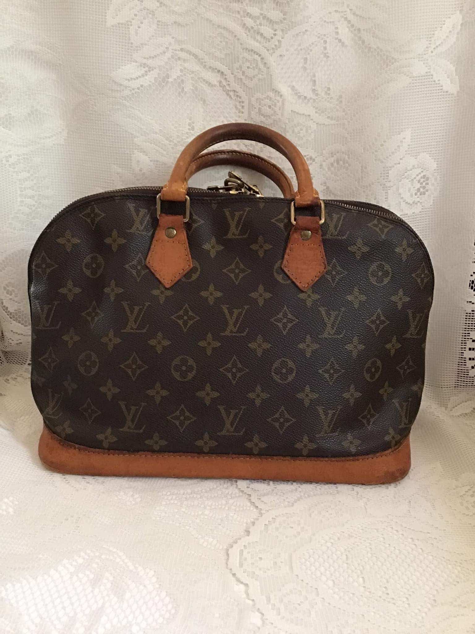 Certified Authentic LOUIS VUITTON Alma Hand Bag Vintage Monogram Logo LV  90s Purse + Handcrafted Matching Patina Strap