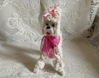 Vintage 1960's Poodle Decor Decorative Item (NOT A Toy) Off White Loopy Style Yarn Pink Bow Small Bell On Neck Made In Japan