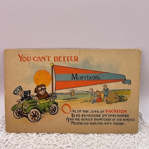 Cartolina d'epoca edoardiana a tema automobilistico con bellezze al bagno in costume da bagno, venduta così com'è!!