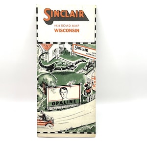 Carte routière en papier vintage des années 30 (datée de 1931) * Sinclair * 1931, Wisconsin et Etats-Unis, graphiques Art déco
