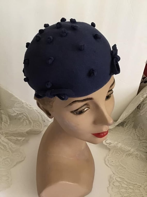 Vintage 30s 40s Felt Wool Polka Dot Bowtie Bucket Hat Cap Navy Blue USA Womens Navy Wool Felt Cloche Hat: 1920s Flapper Style - Etsy main image 4