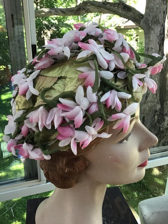 Vintage Pink Floral Hat with Roses For Easter Sunday. 60s Marche Pink Satin Floral Hat Velvet Flowers Bucket Hat  main image 4