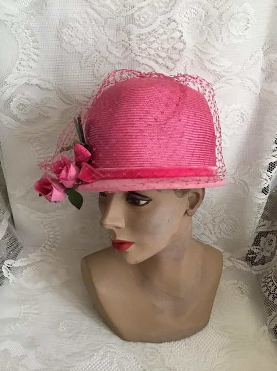 Vintage 1960's Hat Pink Straw With Pink Flowers N… - image 9