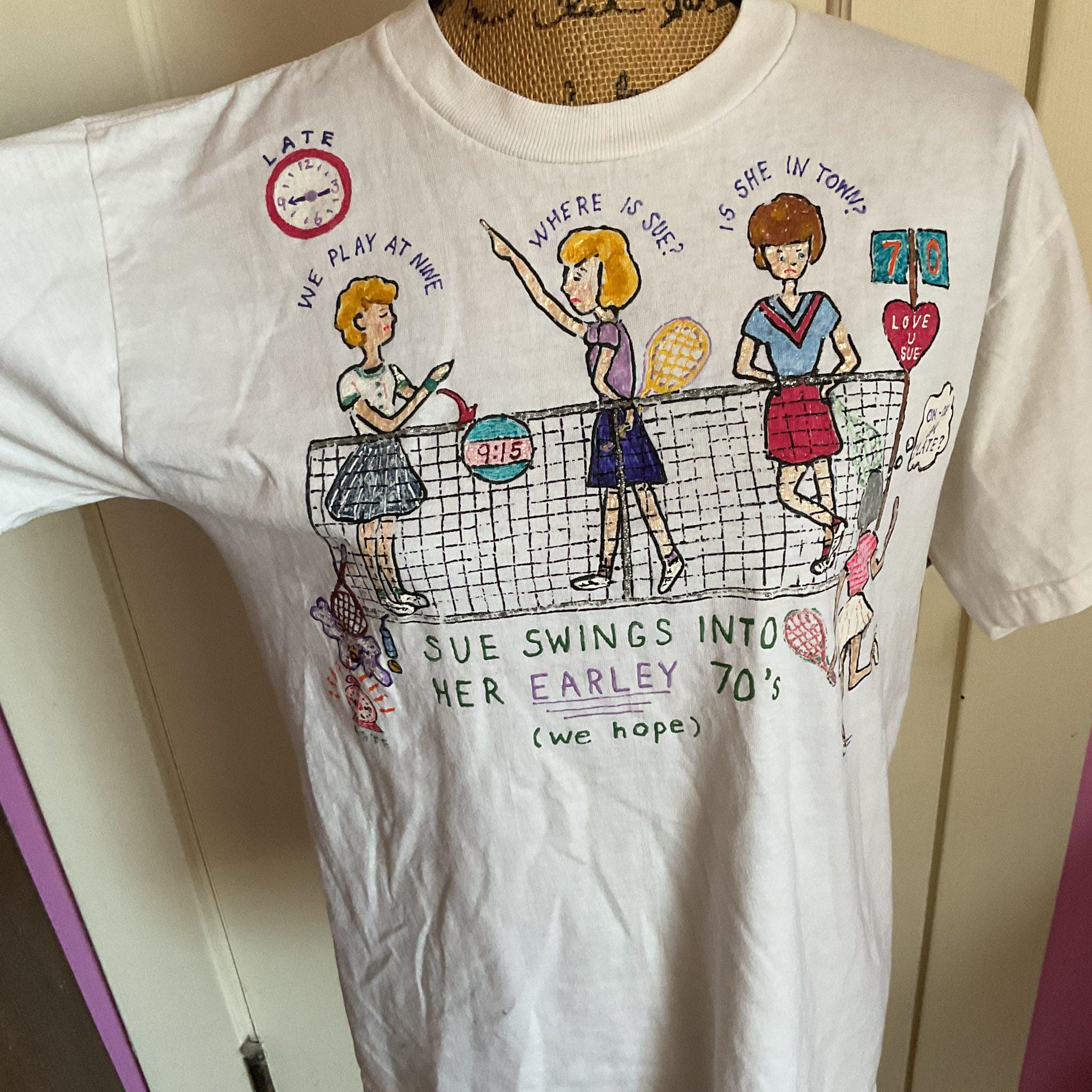 1980年代、1990年代のヴィンテージTシャツ、トップ、手描き、テニスを 