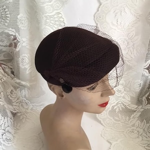 Vintage 1940's 1950's Hat Dark Brown Wool Felt With Single Rhinestone Adornments One On Each Side Of The Hat And Veiling