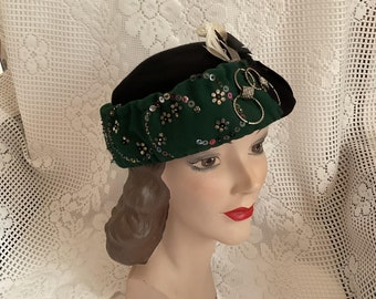 Vintage 1940's 1950's Hat Black & Green Adorned With Sequins Genuine Feathers Metal Ringlets One Of A Kind Hand Decorated Hat SOLD AS IS!!