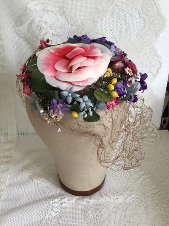 Vintage 1950's 1960's Hat Handmade Gorgeous Flora… - image 6