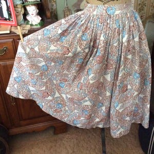 Vintage 1950s Skirt Textured Cotton Blend Tan & Light Blue image 2