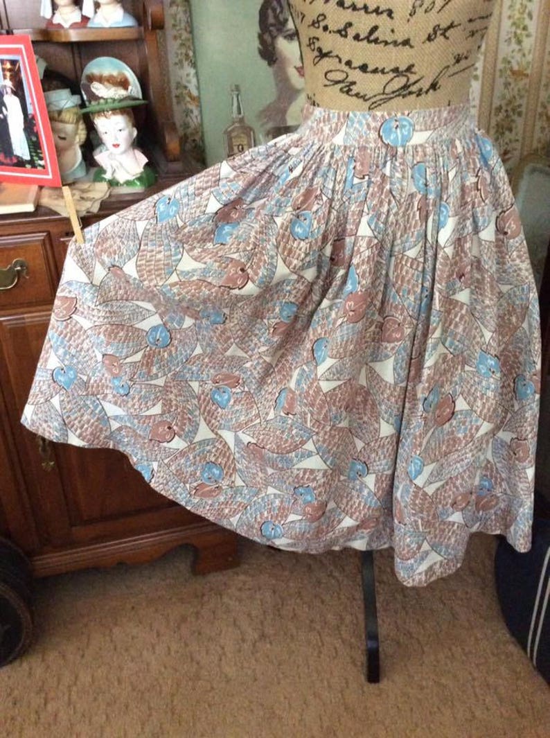 Vintage 1950s Skirt Textured Cotton Blend Tan & Light Blue image 2