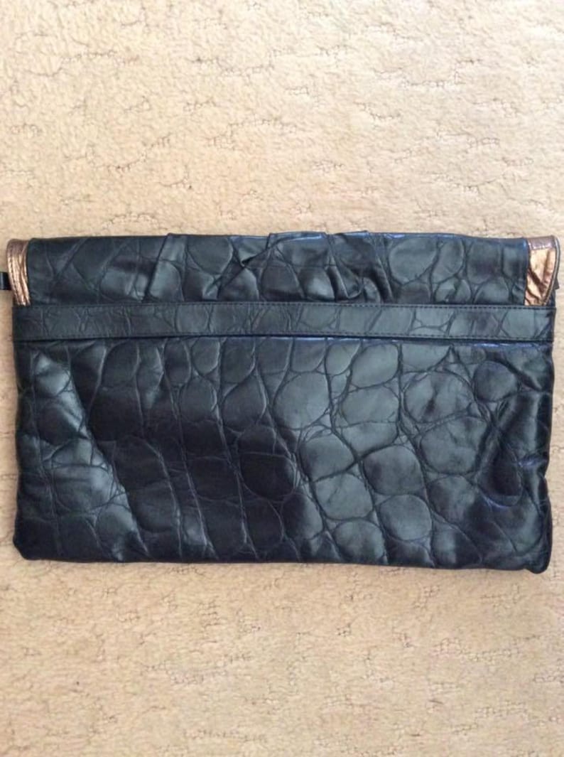 Vintage 1980s Clutch Bag Purse Black & Copper Color Genuine Embossed Leather Fully Lined image 4