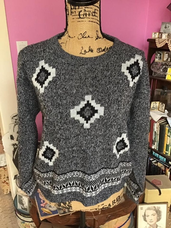 Vintage 1980's 1990's Sweater Gray And Black With… - image 2