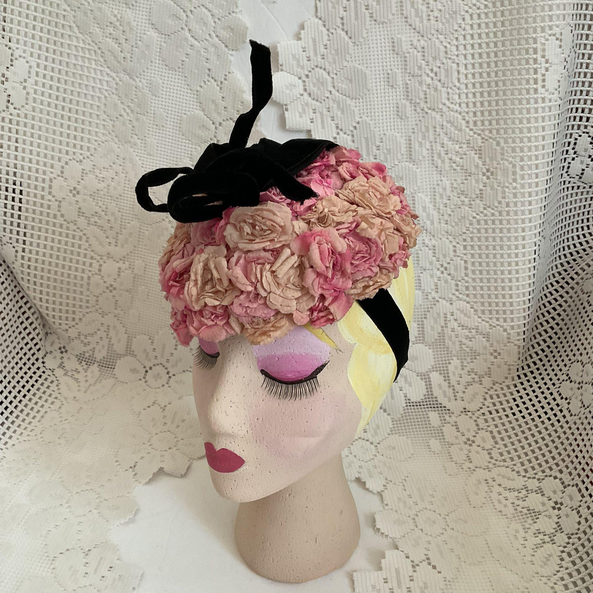 Black Straw Vintage Tilt Hat with Pink Floral Accent - Women\'s Accessories 1930s Black Straw Tilt Hat | Veiled Brim with Pink Poms main image 4