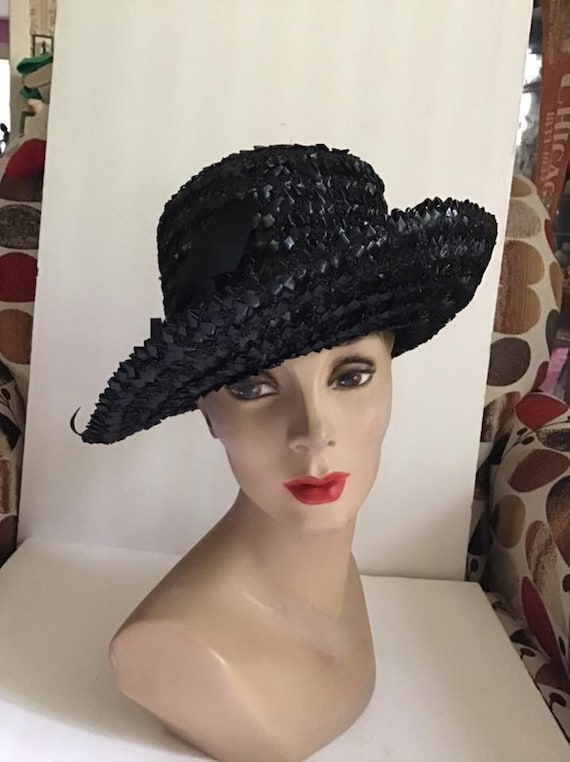 Vintage 1950's 1960's Hat Dark Black Cellophane S… - image 1