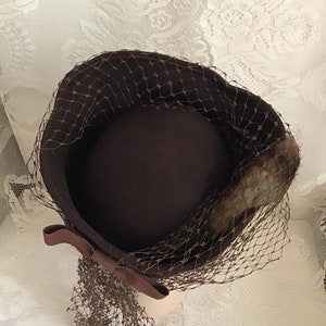 Vintage 1940's Hat RARE Tall Tilt Hat Dark Brown With Genuine Rabbit Fur Thick Veiling Art Deco image 6