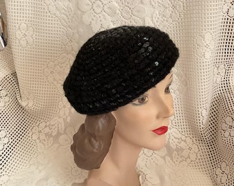 Vintage 1970s Gold Beret Glittery Sequin Beaded Tam Cap Hat 