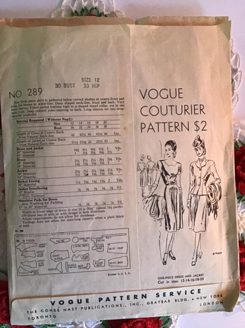 Puede incluir: Patr&oacute;n de costura vintage Vogue Couturier para un vestido y una chaqueta. El patr&oacute;n es para las tallas 12-14-16-18-20. El patr&oacute;n est&aacute; impreso en papel color crema con tinta negra. El patr&oacute;n incluye un diagrama de las piezas necesarias para hacer el vestido y la chaqueta.