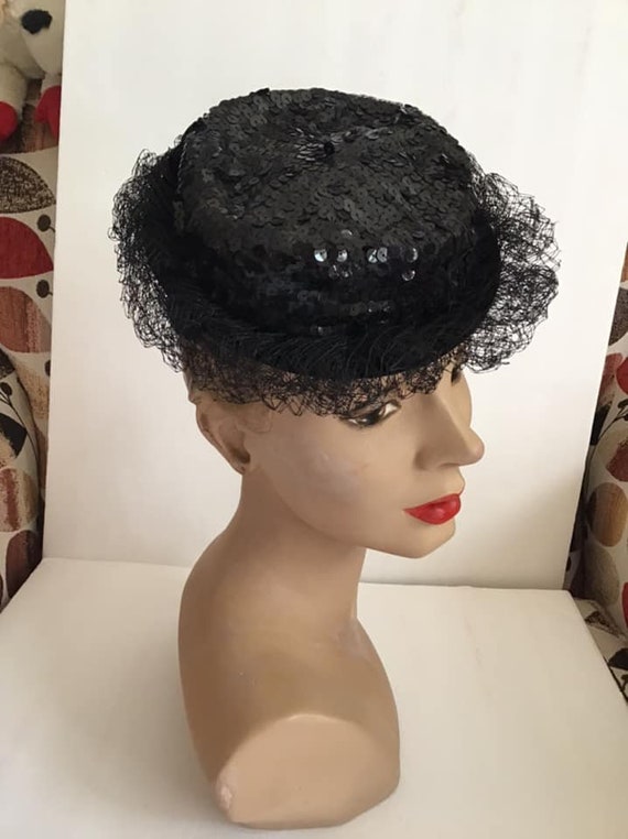 Vintage 1950's Hat Dark Black Velvet And Adorned … - image 1