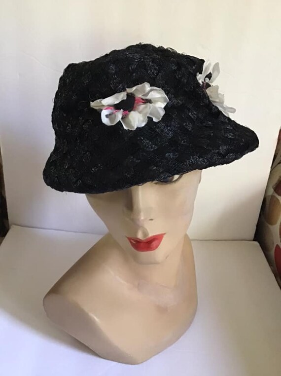 Vintage 1950's 1960's Hat Black Cellophane Straw … - image 8