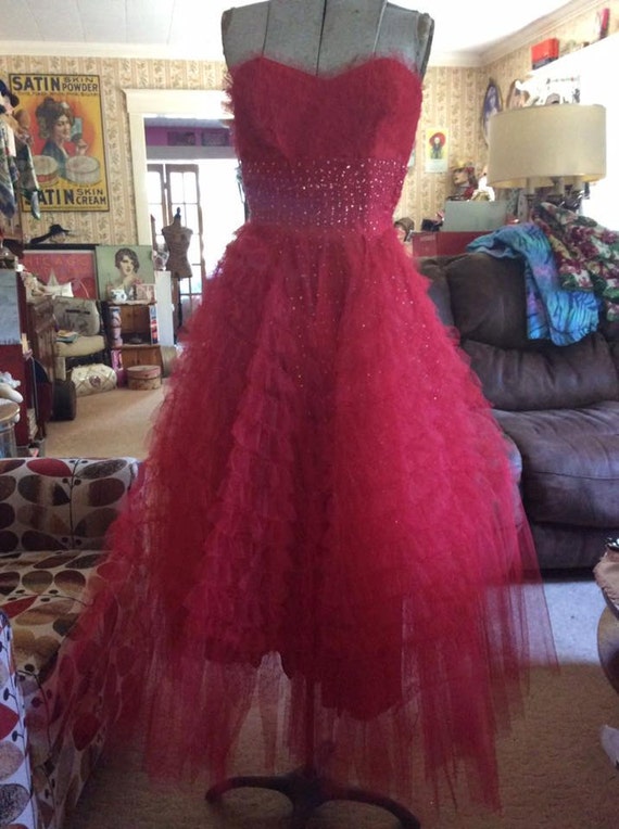 Vintage 1950s Dress TRUE RED Tulle Satin Silver C… - image 1