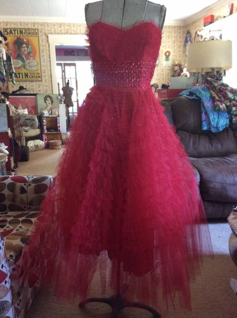 Vintage 1950s Dress TRUE RED Tulle Satin Silver Color Glitter Cupcake Style Prom Graduation Valentines Day Wedding image 1