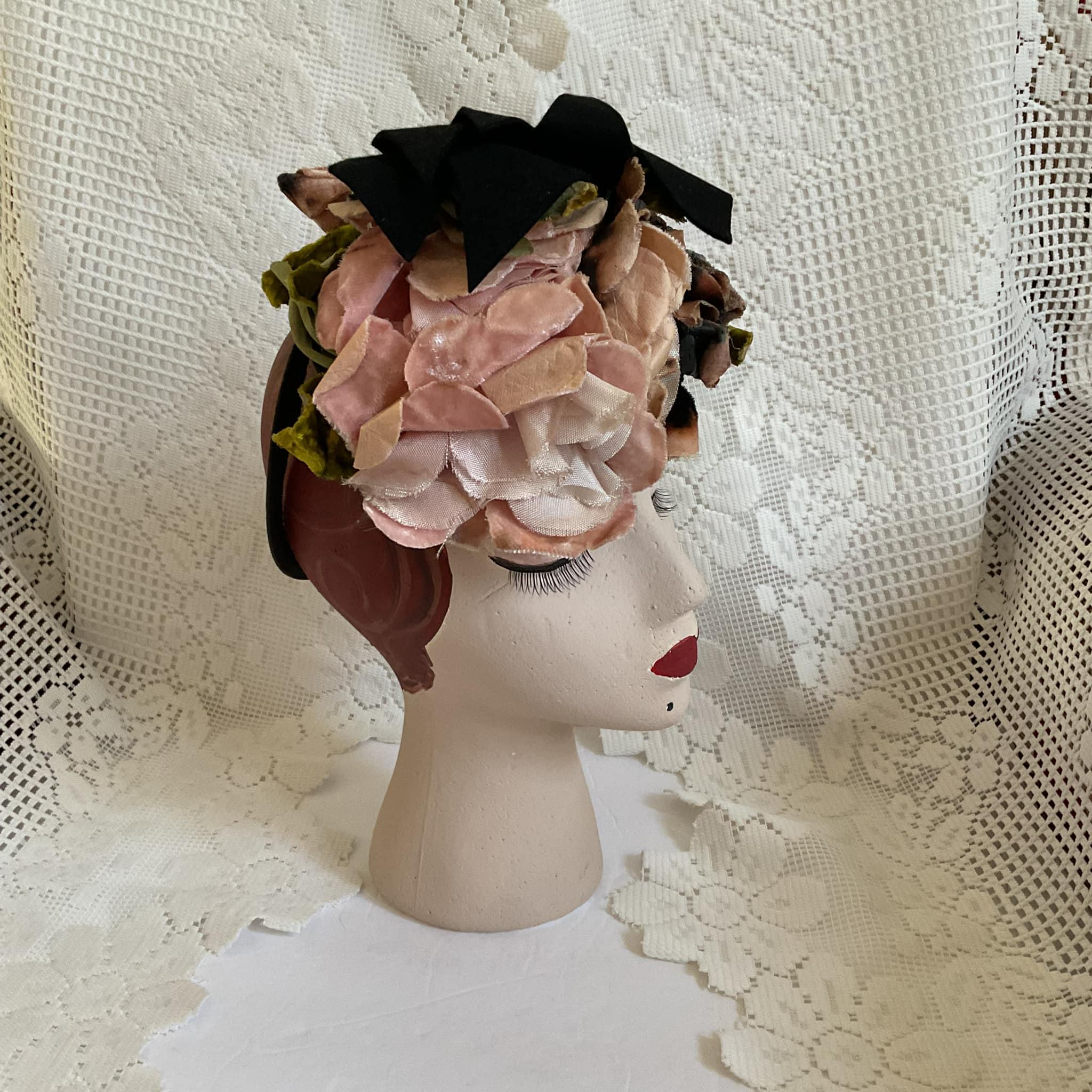 1940s Vintage Green Tilt Style Hat With Large Pink Flowers And Green Leaves xs3x main image 4