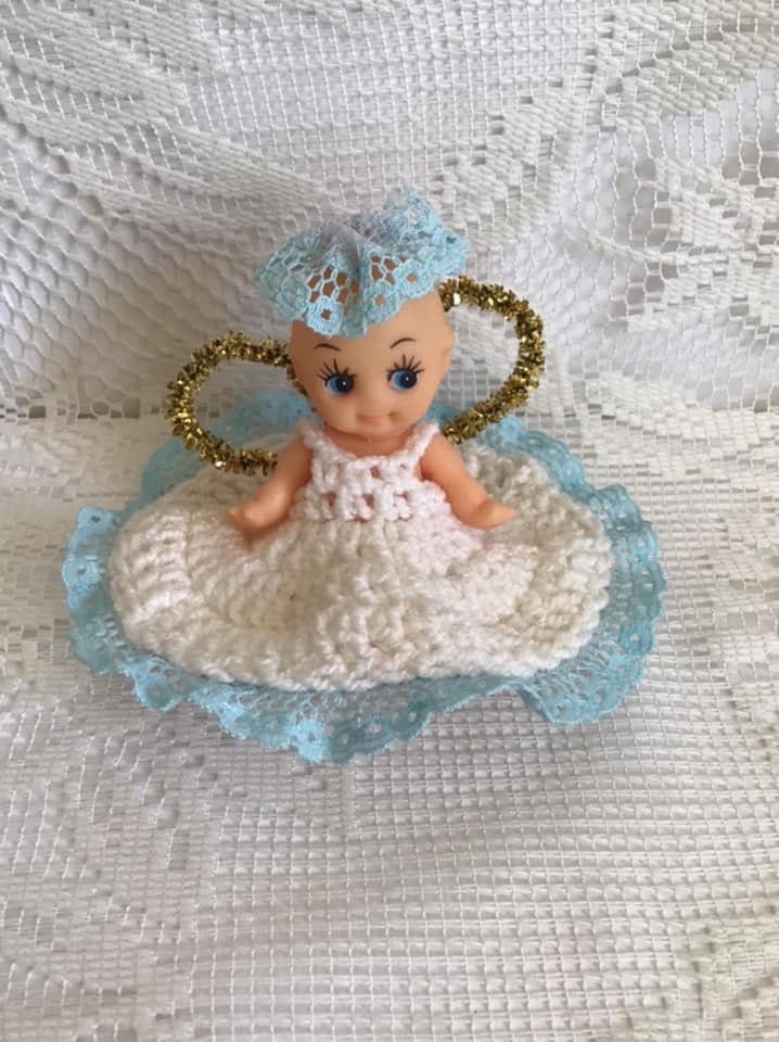 Vintage 1990's Doll Angel With Wings In Handmade White Crochet And Light Blue Lace Dress Adorable