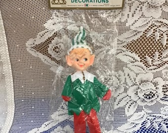 Vintage 1960's Elf Pixie Shelf Sitter Knee Hugger Christmas Ornament Decor Deadstock In Original Package Green Shirt Red Pants Sold As Is!